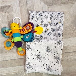 Lamaze Clip and Go Senory Firefly and 2 Disney Baby Aden+ Anise  Cotton Swaddles